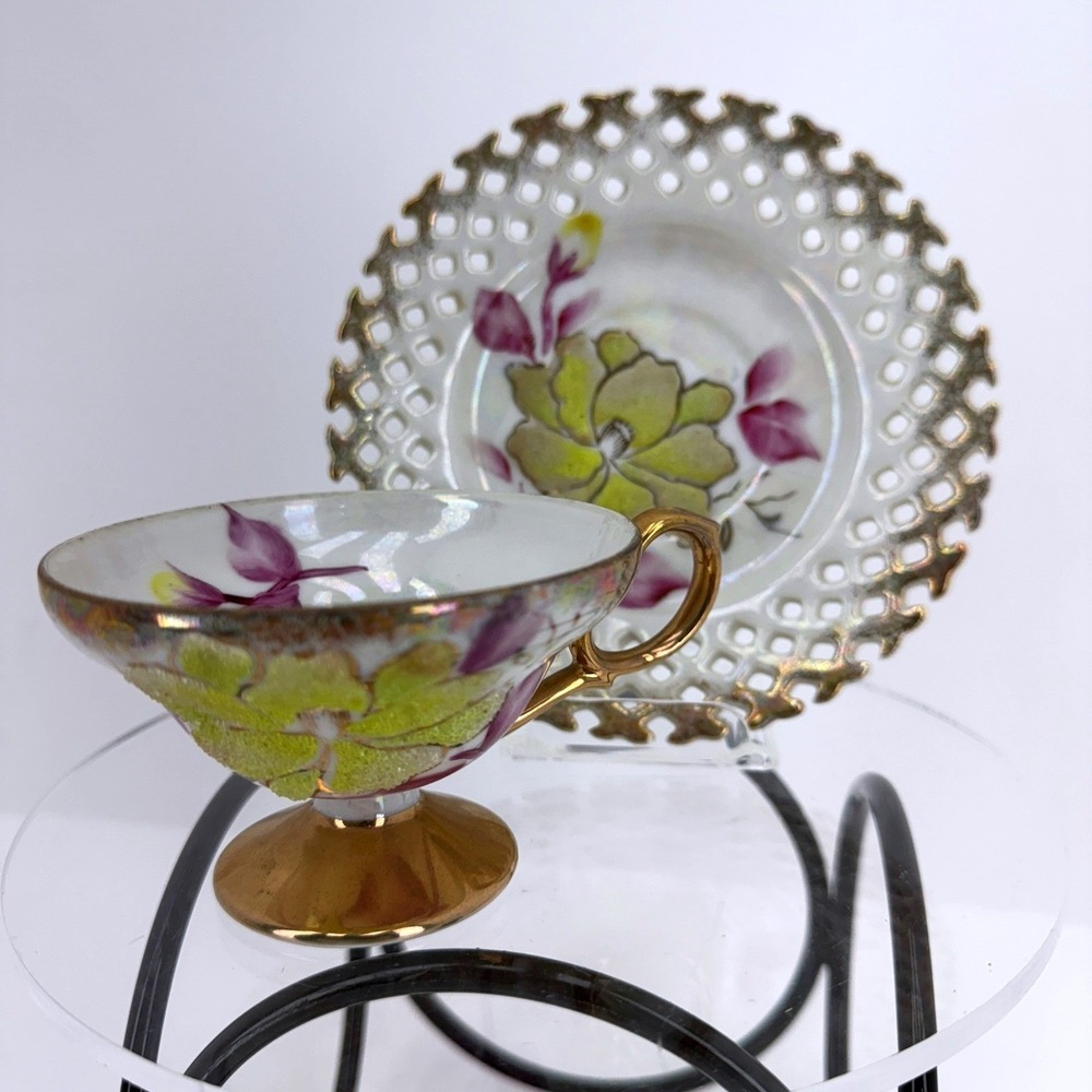 Vintage Japan Sterling China Iridescent Floral Textured Pansy Teacup & Saucer‎